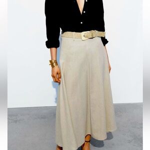 Zara Belted Linen Midi Skirt Size M NWT